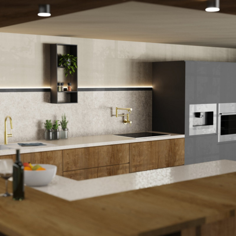 Pot Filler, wall-mounted articulated mixer tap for the kitchen in brushed gold