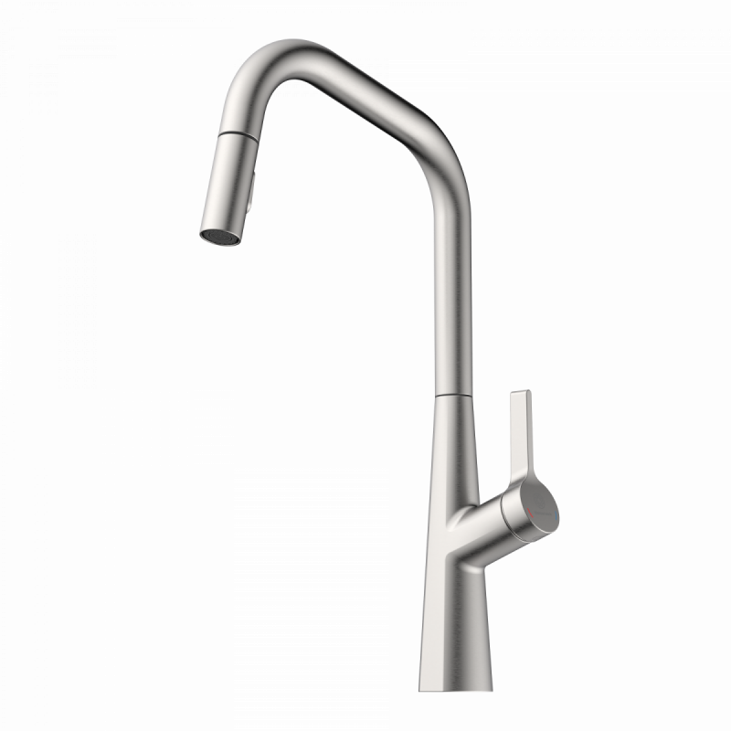 Keid Edge, Kitchen faucet with edged spout and pull-down spray in brushed nickel
