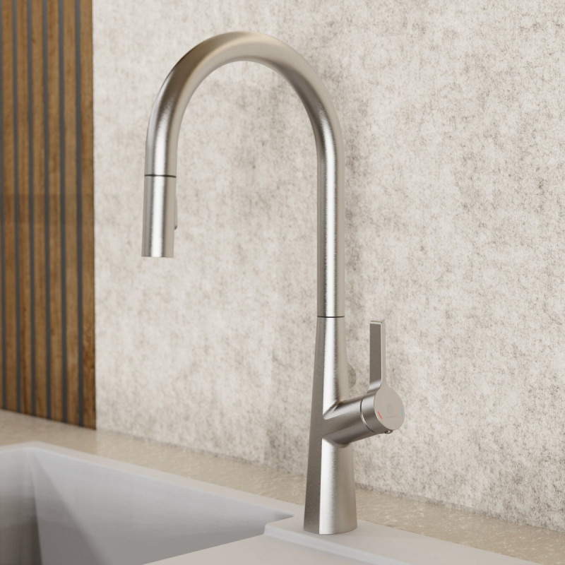 Keid Sphere, Kitchen faucet with arched spout and pull-out spray in brushed nickel