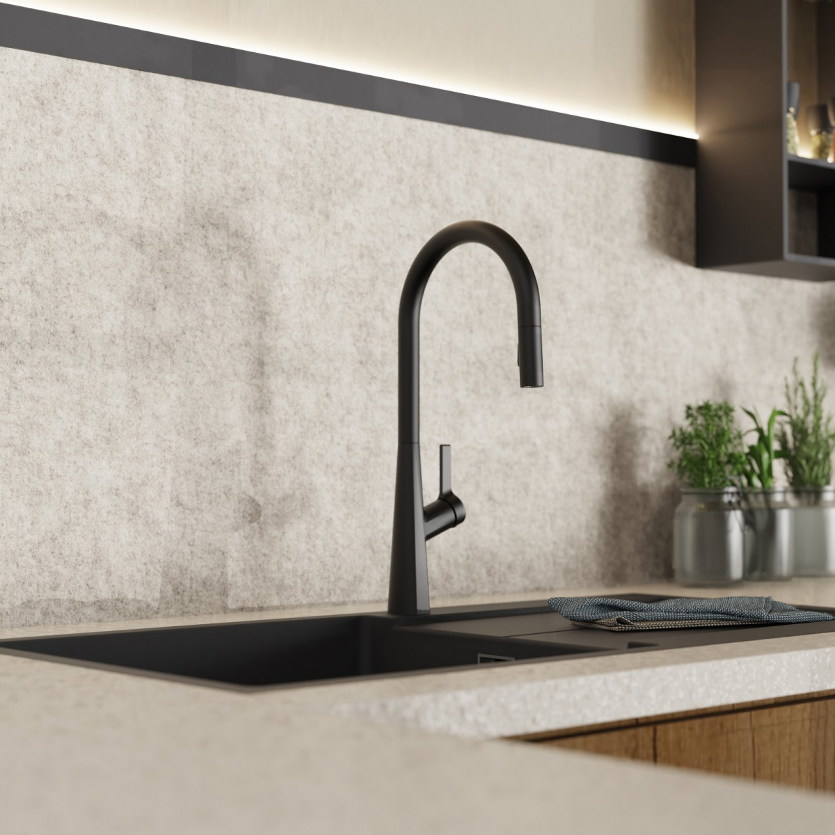 Keid Sphere, Kitchen faucet with arched spout and pull-out spray in matte black