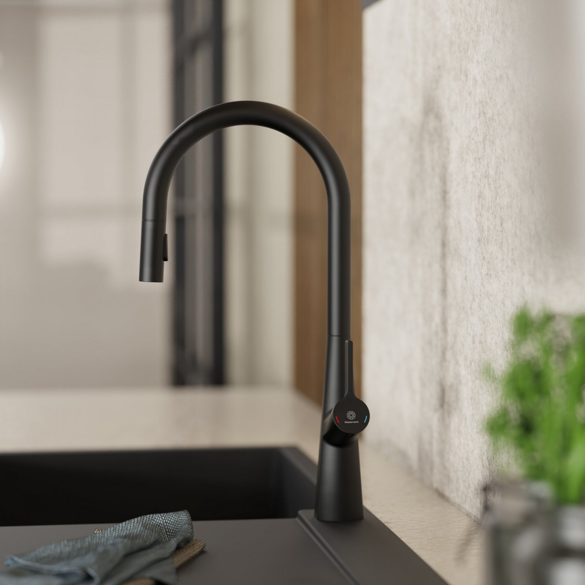 Keid Sphere, Kitchen faucet with arched spout and pull-out spray in matte black