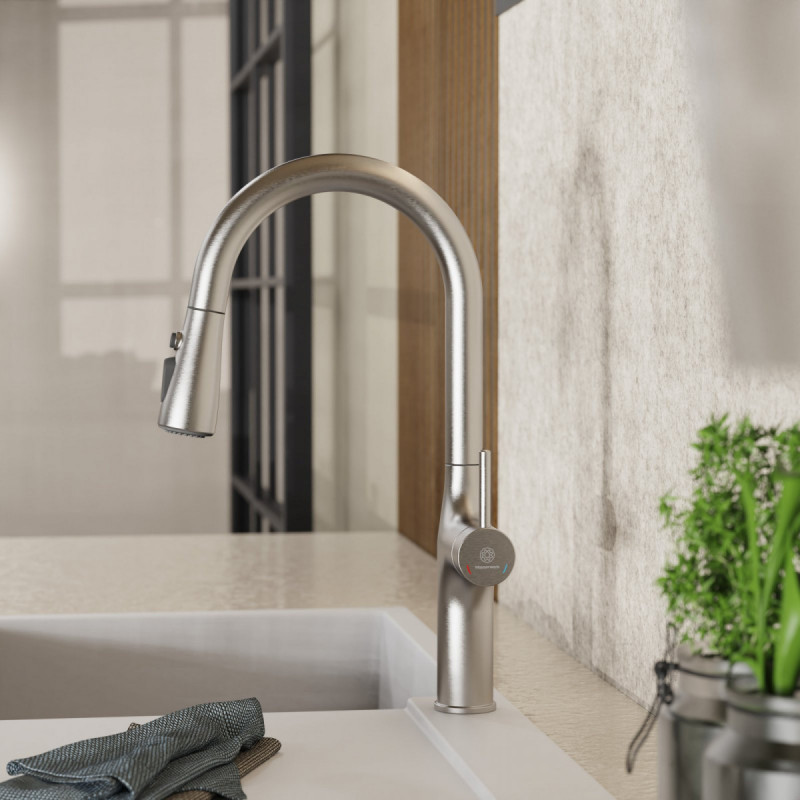 Maia, Kitchen faucet with arched spout and pull-down spray in brushed nickel