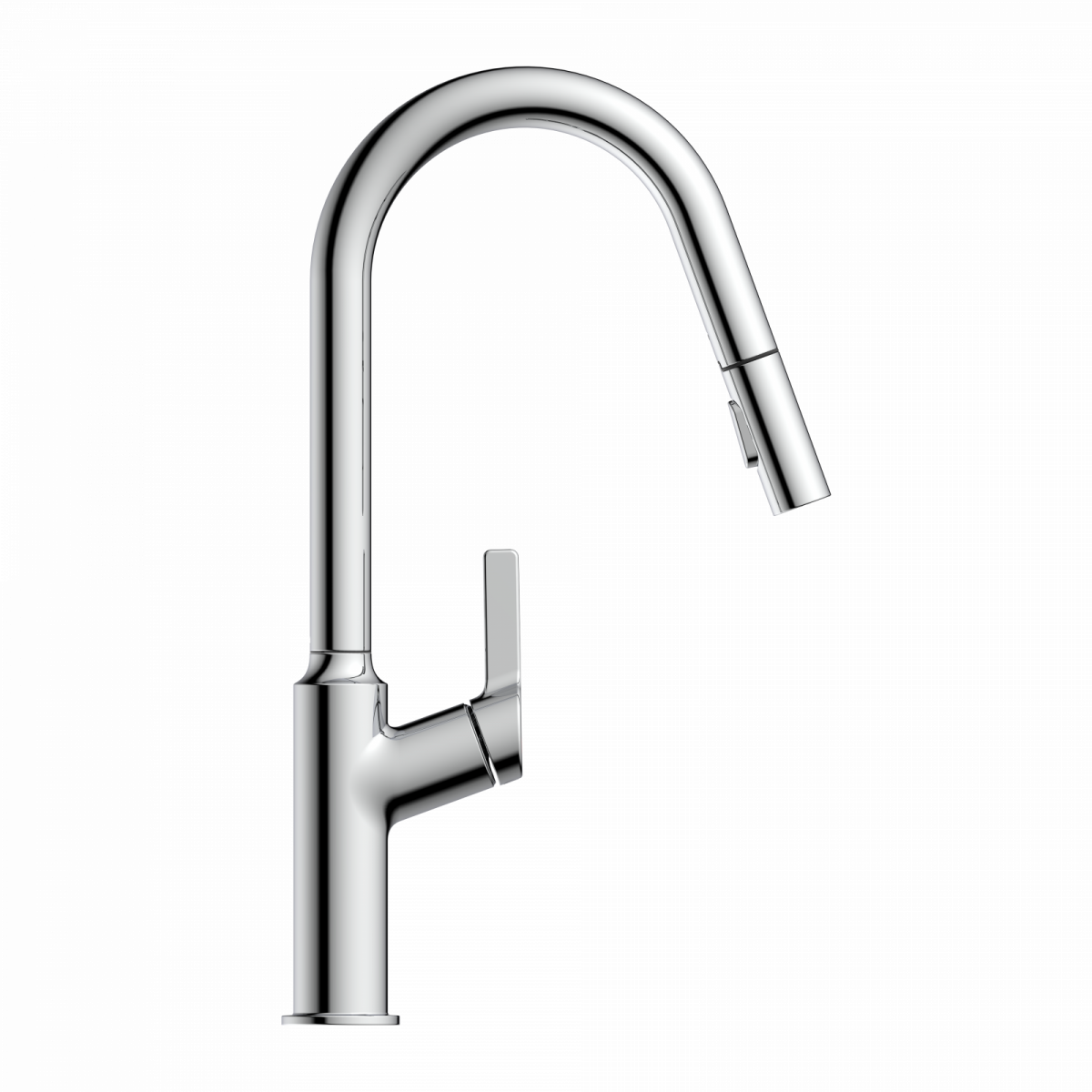 Okab, Kitchen faucet with curved spout and pull-down spray in chrome