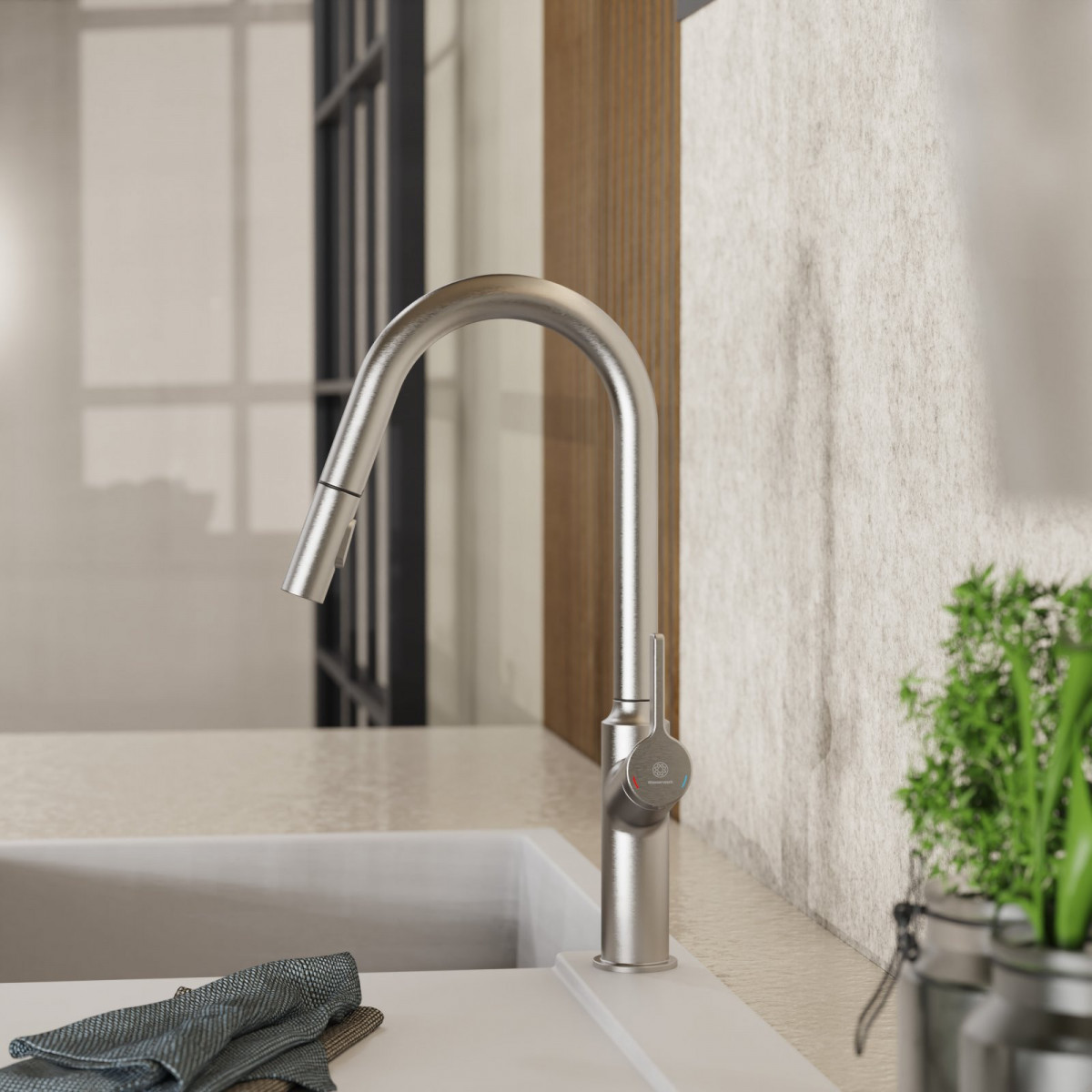 Okab, Kitchen faucet with curved spout and pull-down spray in brushed nickel