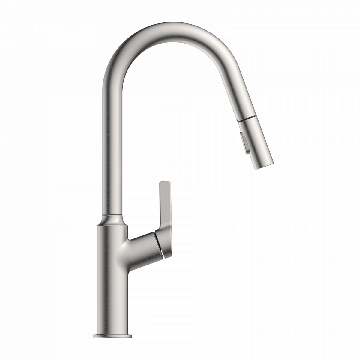 Okab, Kitchen faucet with curved spout and pull-down spray in brushed nickel