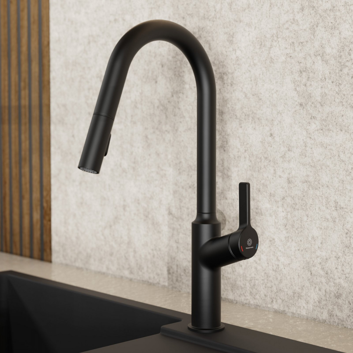 Okab, Kitchen faucet with curved spout and pull-down spray in matte black