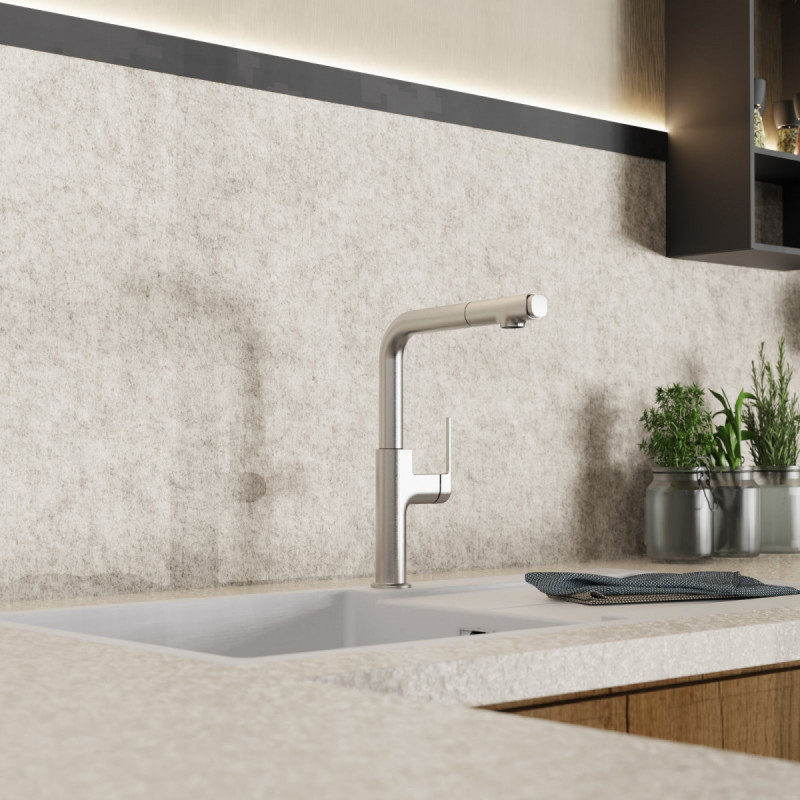 Polis, Kitchen faucet with straight spout and pull-out spray in brushed nickel