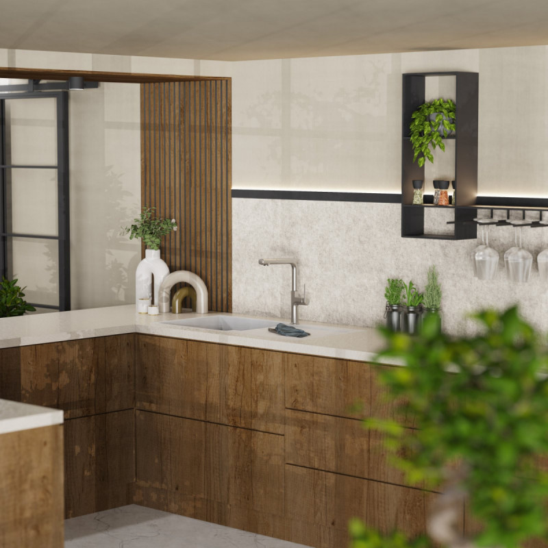 Polis, Kitchen faucet with straight spout and pull-out spray in brushed nickel