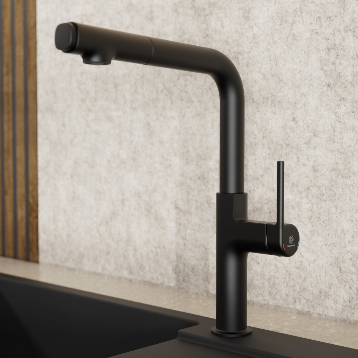 Polis, Kitchen faucet with straight spout and pull-out spray in matte black