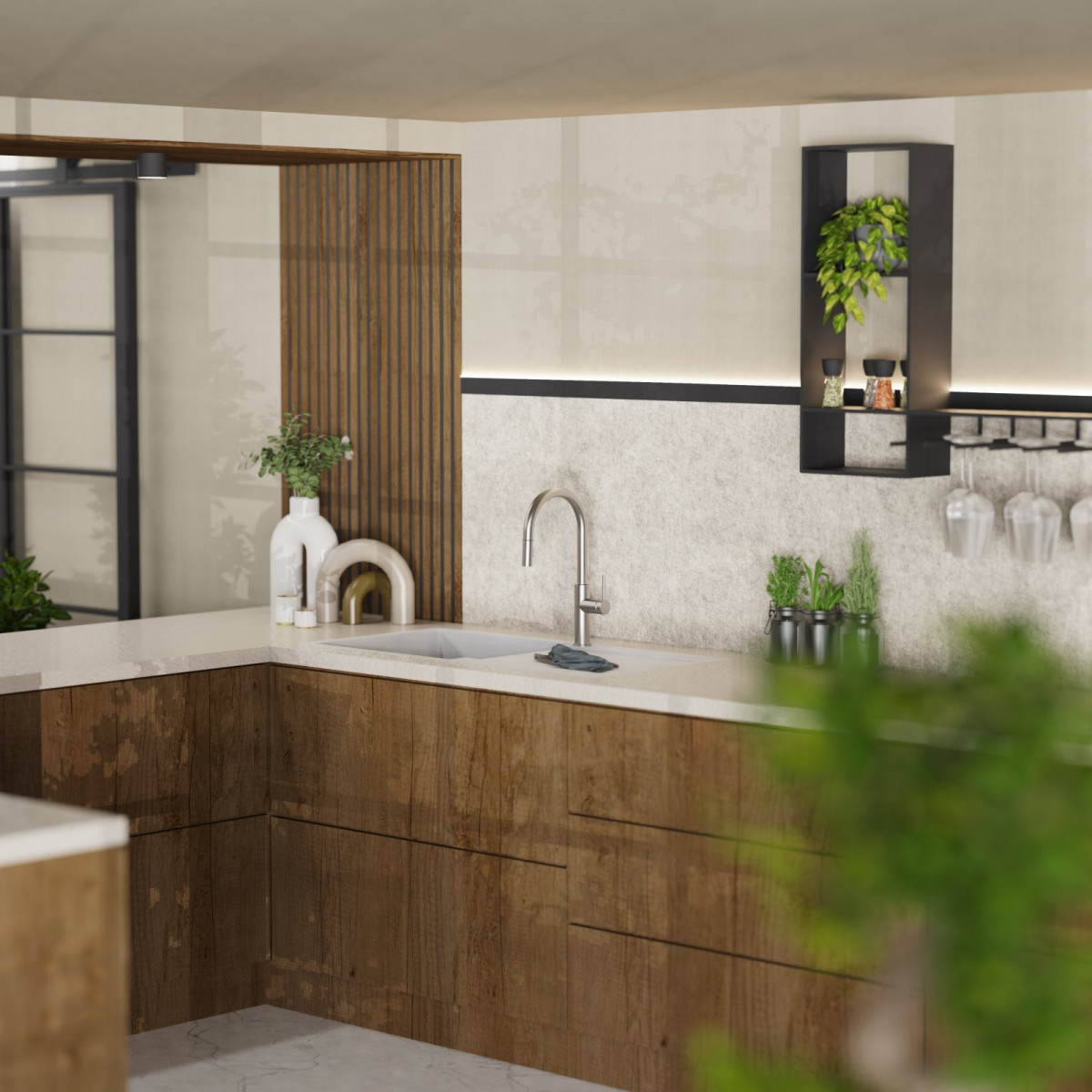 Rana Sphere, Kitchen faucet with curved spout and pull-down spray in brushed nickel