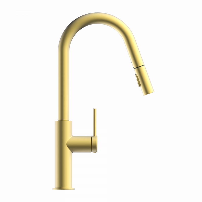 Rana Curve, Kitchen faucet with curved spout and pull-down spray in brushed gold