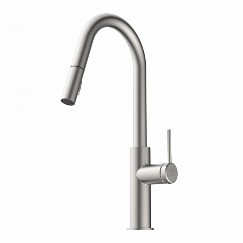 Rana Curve, Kitchen faucet with curved spout and pull-down spray in brushed nickel