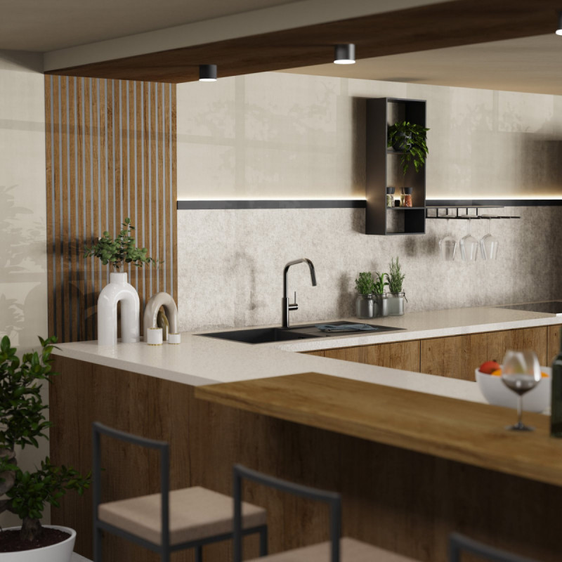 Rana Edge, Kitchen faucet with edged spout and pull-down spray in matte graphite