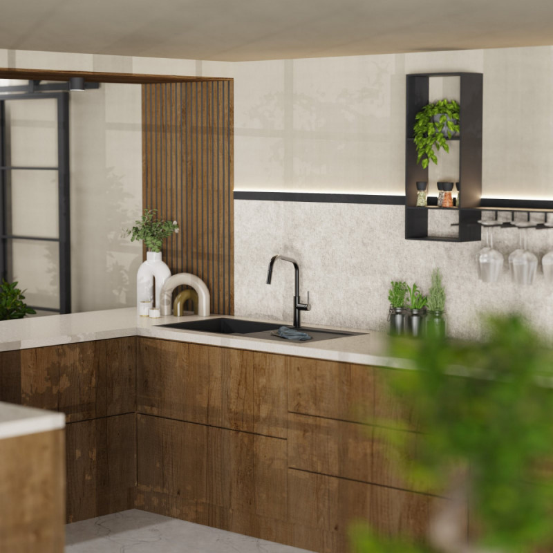 Rana Edge, Kitchen faucet with edged spout and pull-down spray in matte graphite