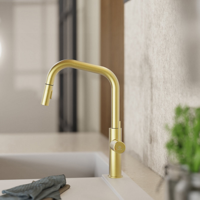 Rana Edge, Kitchen faucet with edged spout and pull-down spray in brushed gold