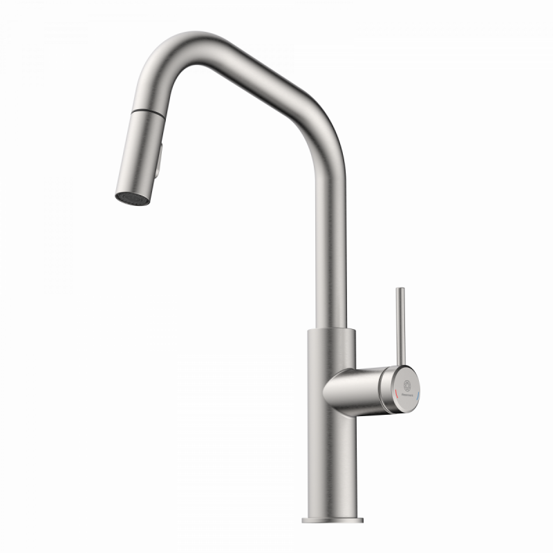 Rana Edge, Kitchen faucet with edged spout and pull-down spray in brushed nickel