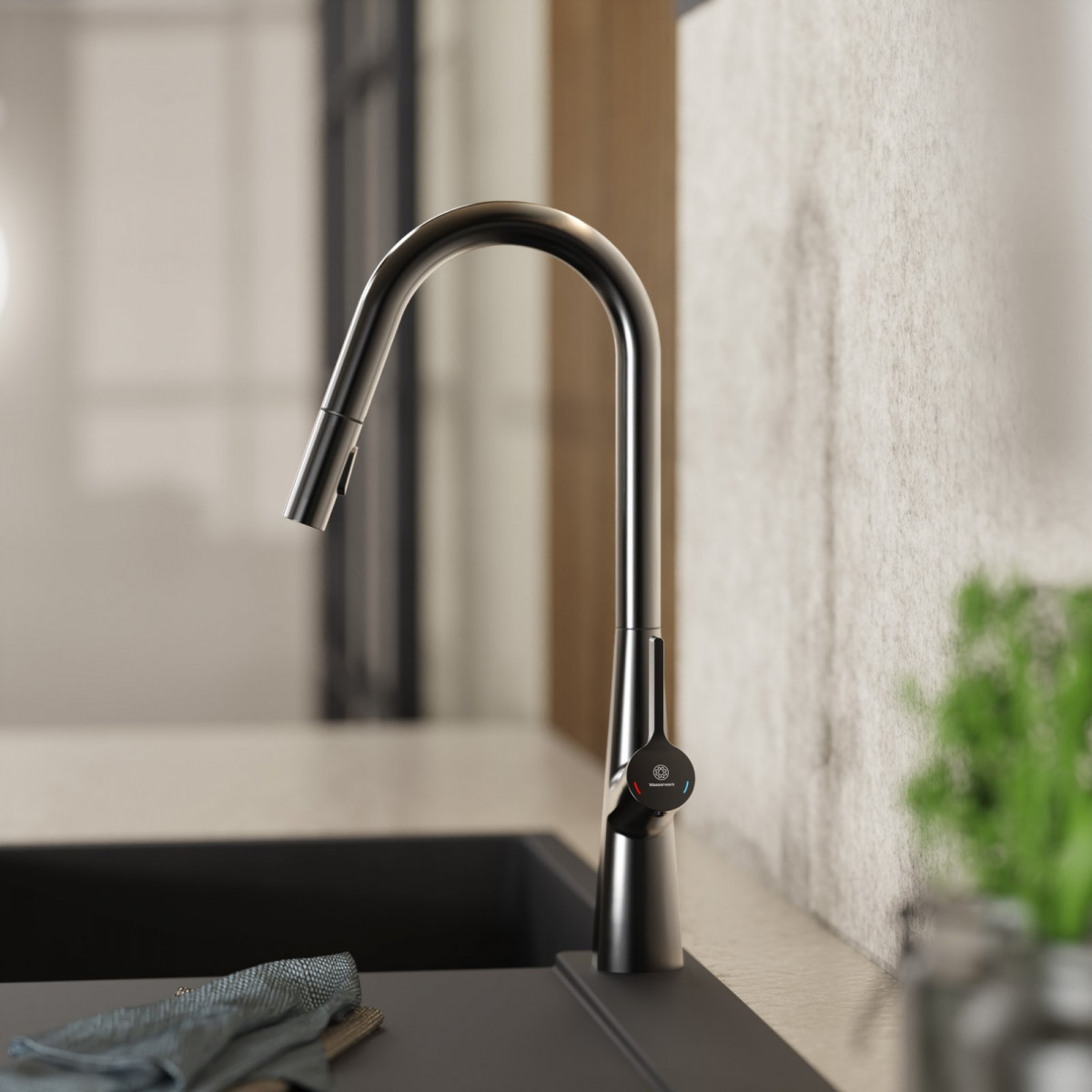 Keid Curve, Kitchen faucet with curved spout and pull-down spray in matte graphite