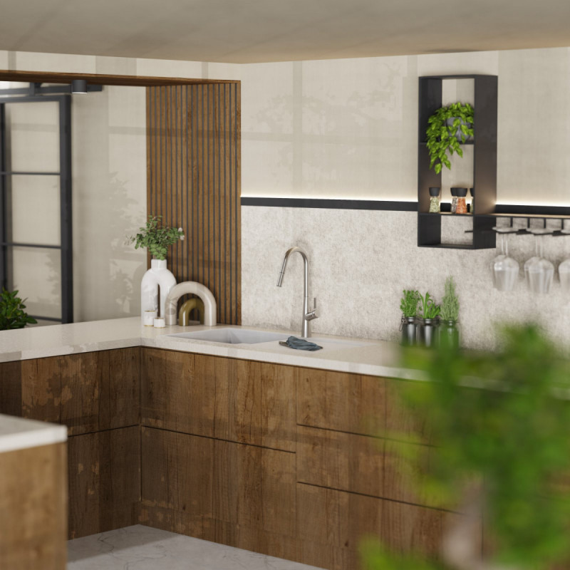 Keid Curve, Kitchen faucet with curved spout and pull-down spray in brushed nickel