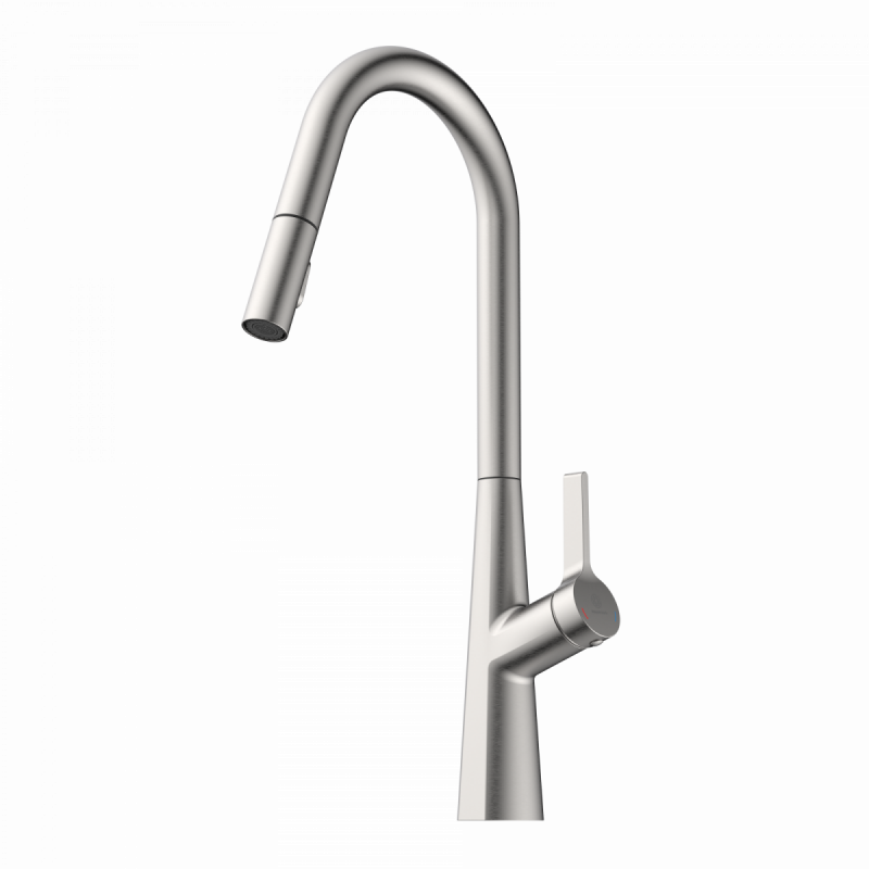 Keid Curve, Kitchen faucet with curved spout and pull-down spray in brushed nickel