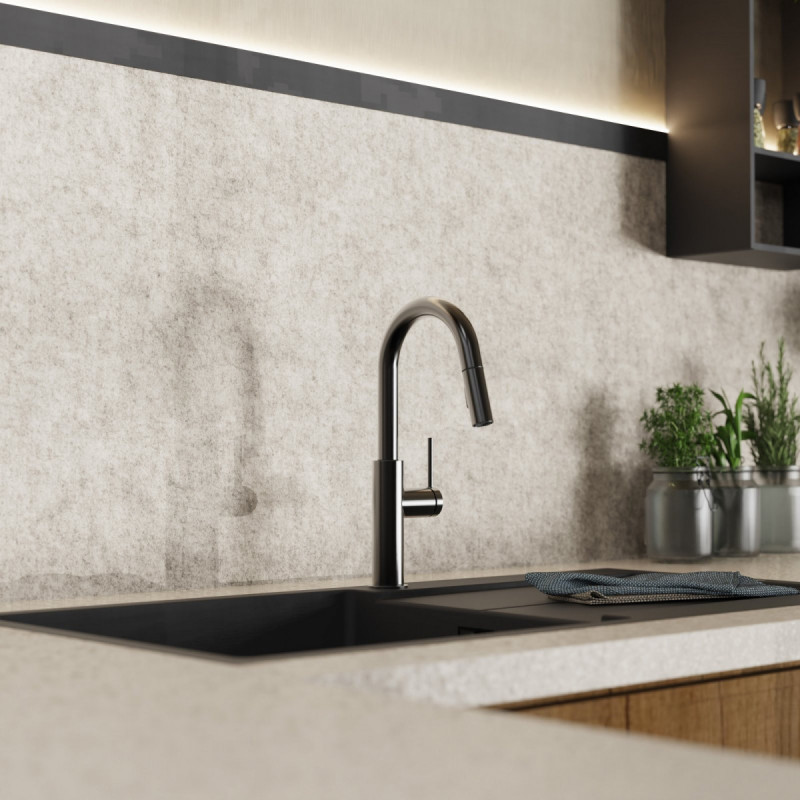 Rana Prep, Kitchen faucet with low curved spout and pull-down spray in matte graphite