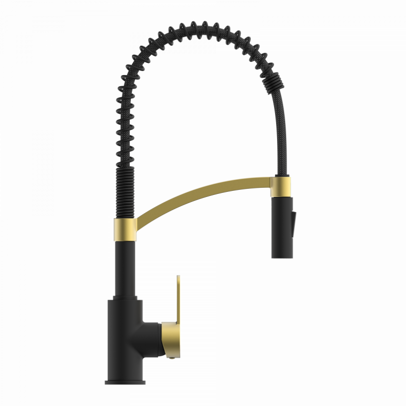 Felis Semi-Pro, Kitchen faucet semi-pro with pull-down spiral spring in matte black and brushed gold
