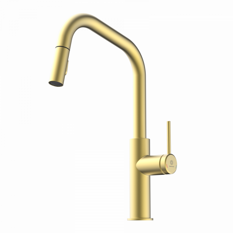 Rana Edge, Kitchen faucet with edged spout and pull-down spray in brushed gold