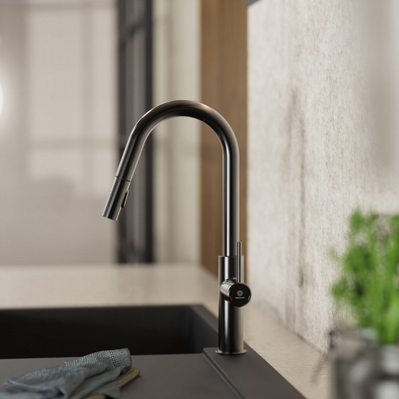 Rana Curve, Kitchen faucet with curved spout and pull-down spray in matte graphite