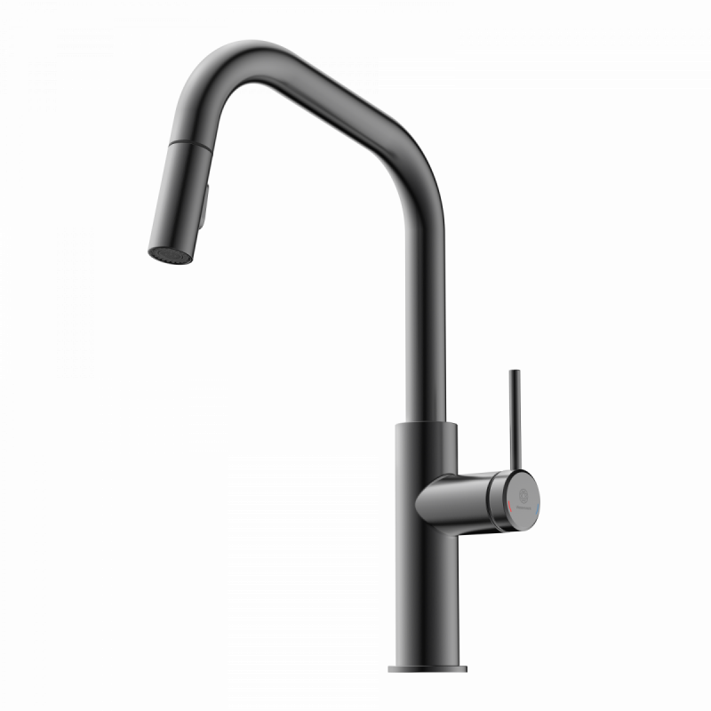 Rana Edge, Kitchen faucet with edged spout and pull-down spray in matte graphite