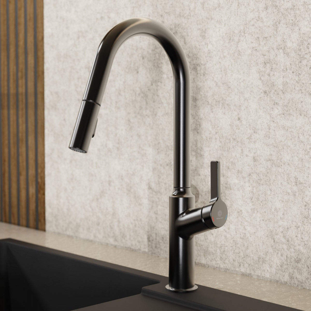 Okab, Kitchen faucet with curved spout and pull-down spray in matte graphite