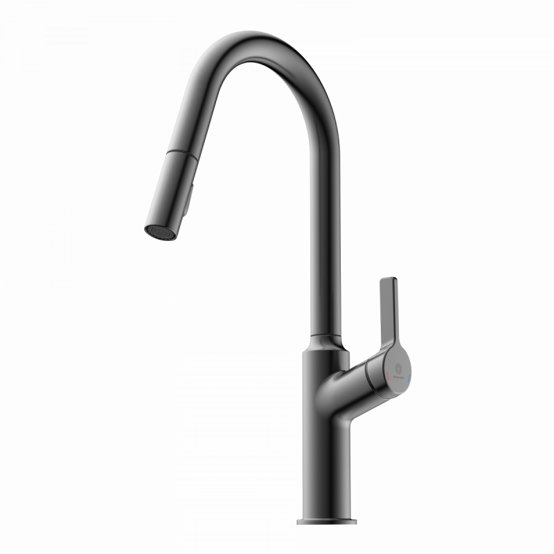 Okab, Kitchen faucet with curved spout and pull-down spray in matte graphite