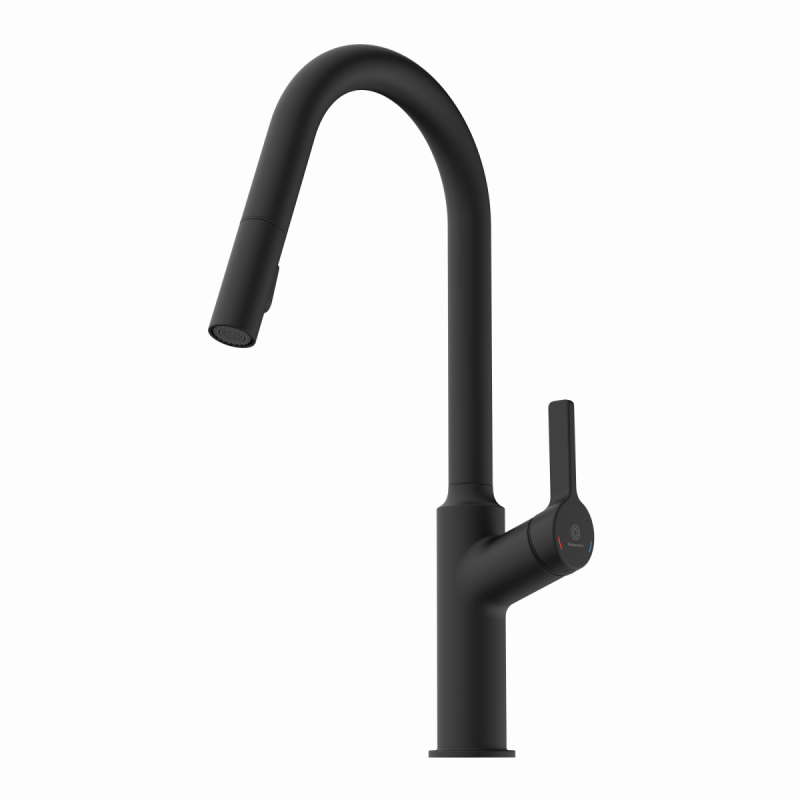 Okab, Kitchen faucet with curved spout and pull-down spray in matte black
