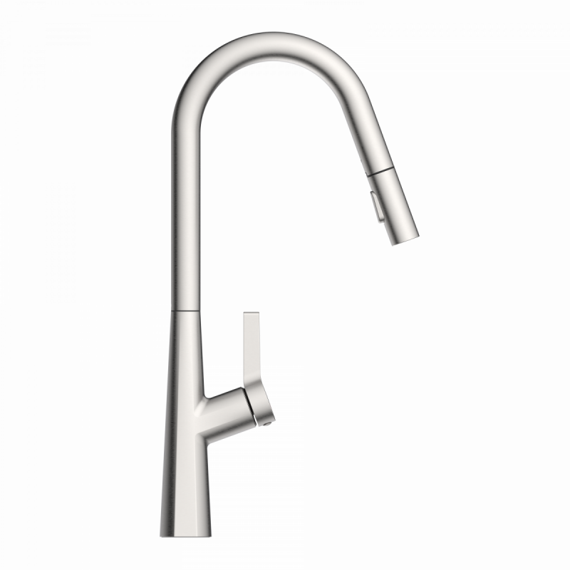 Keid Curve, Kitchen faucet with curved spout and pull-down spray in brushed nickel