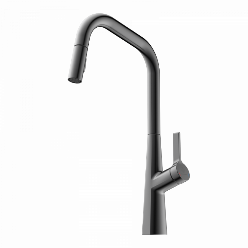 Keid Edge, Kitchen faucet with edged spout and pull-down spray in matte graphite