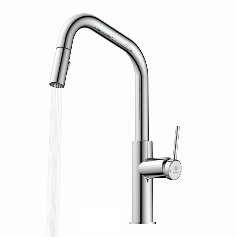 Rana Edge, Kitchen faucet with edged spout and pull-down spray in chrome
