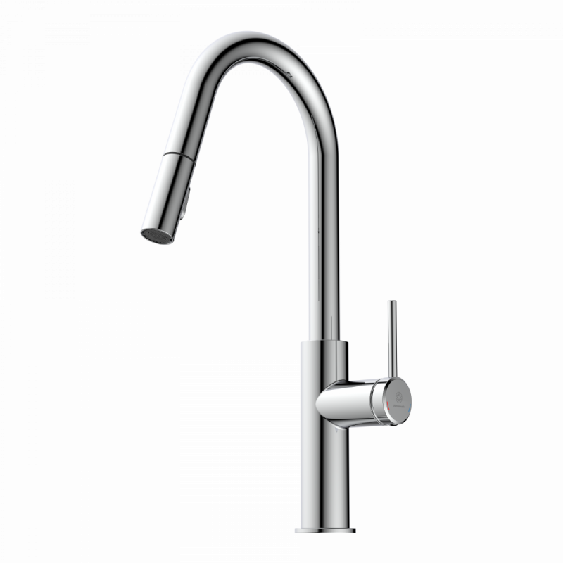 Rana Curve, Kitchen faucet with curved spout and pull-down spray in chrome