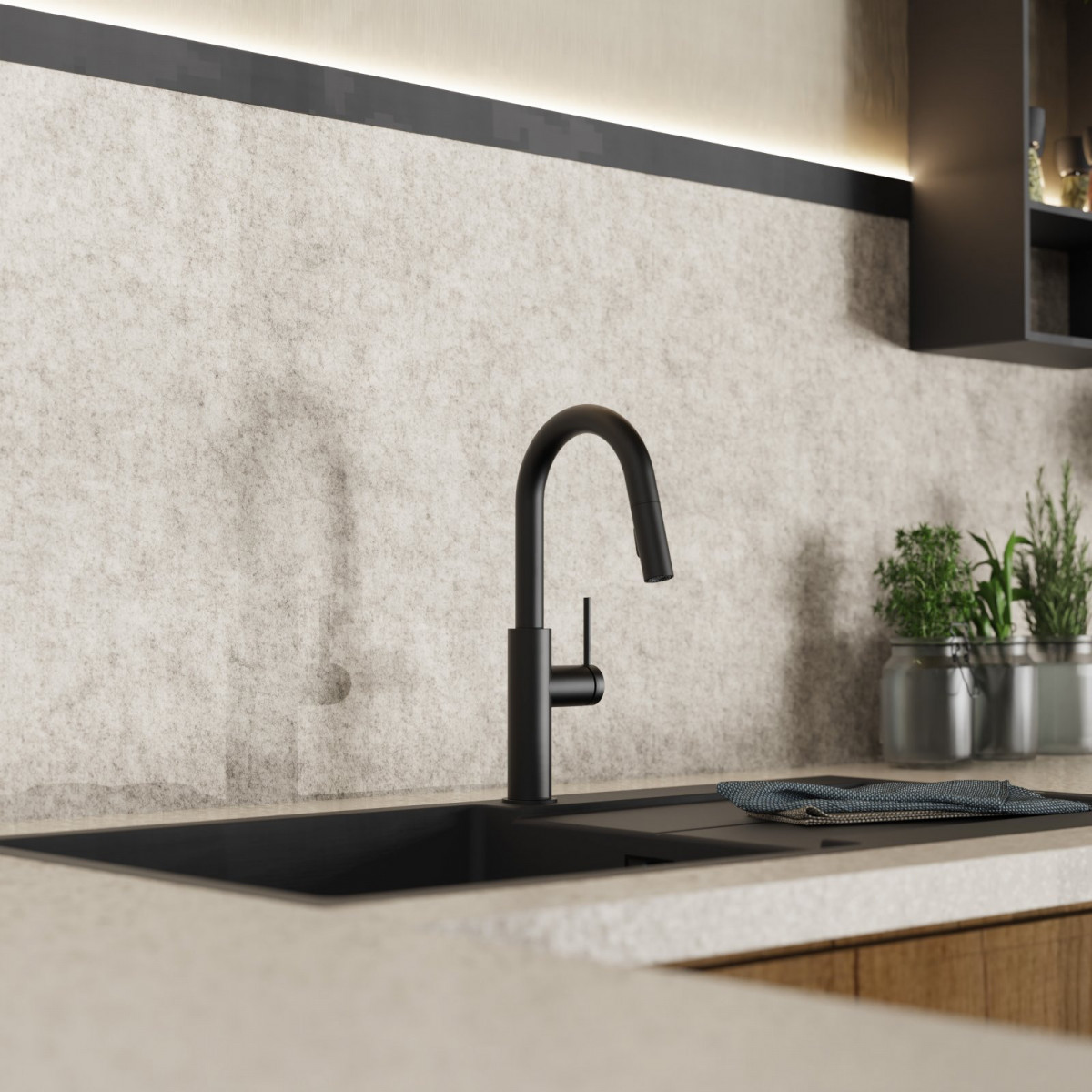 Rana Prep, Kitchen faucet with low curved spout and pull-down spray in matte black