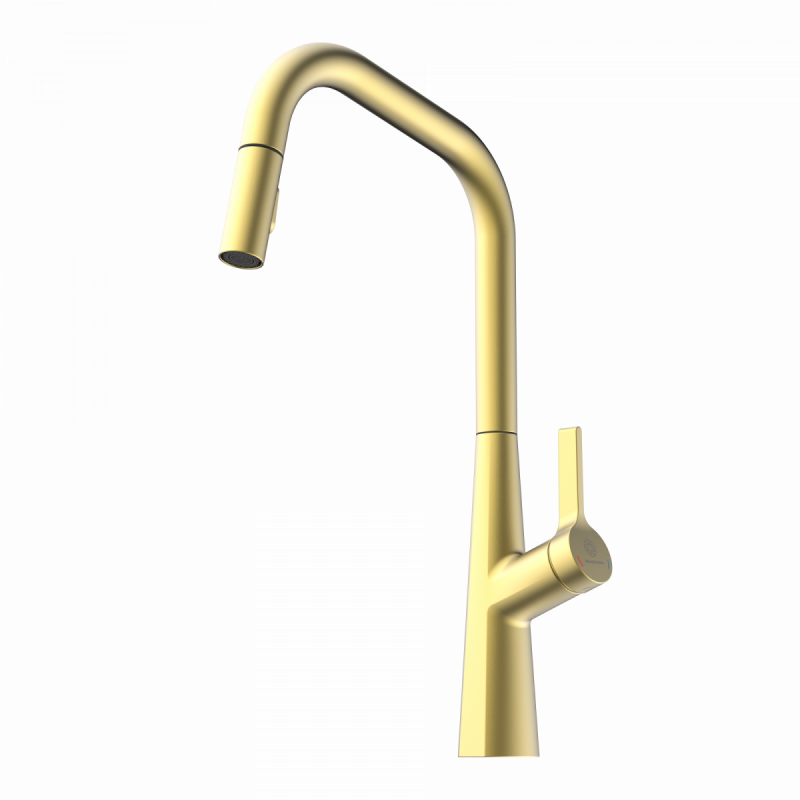 Keid Edge, Kitchen faucet with edged spout and pull-down spray in brushed gold
