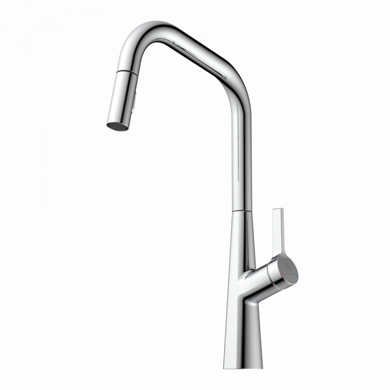 Keid Edge, Kitchen faucet with edged spout and pull-down spray in chrome