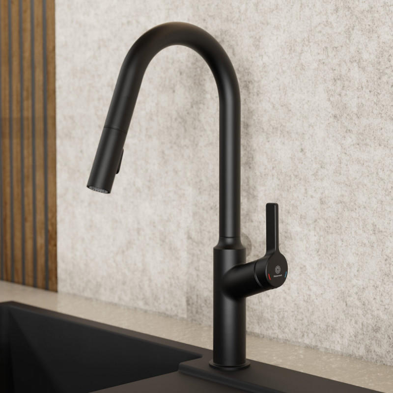 Okab, Kitchen faucet with curved spout and pull-down spray in matte black