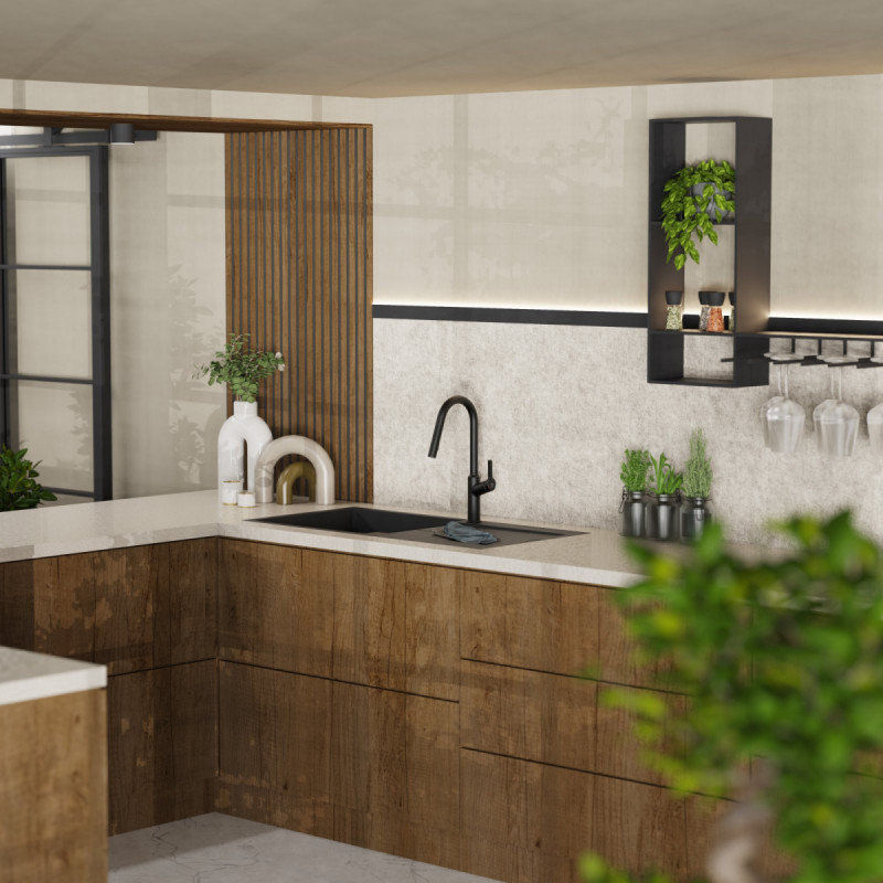 Okab, Kitchen faucet with curved spout and pull-down spray in matte black