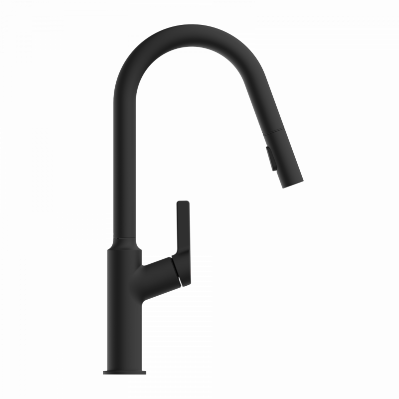 Okab, Kitchen faucet with curved spout and pull-down spray in matte black