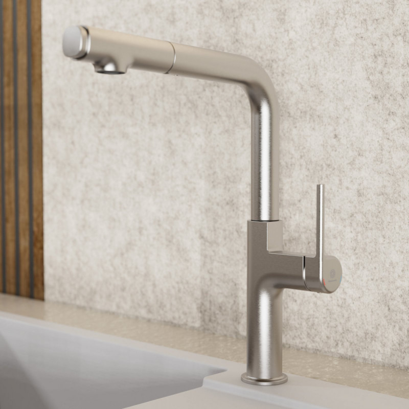 Polis, Kitchen faucet with straight spout and pull-out spray in brushed nickel