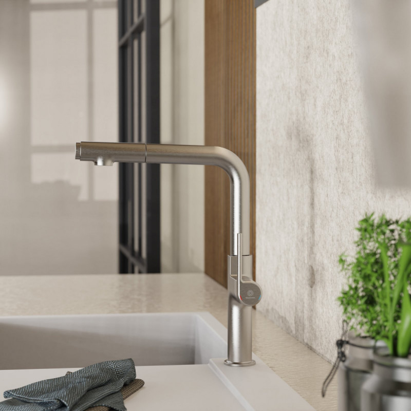 Polis, Kitchen faucet with straight spout and pull-out spray in brushed nickel