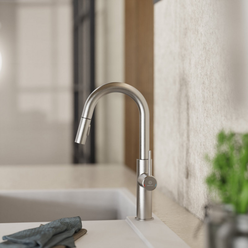 Rana Prep, Kitchen faucet with low curved spout and pull-down spray in brushed nickel