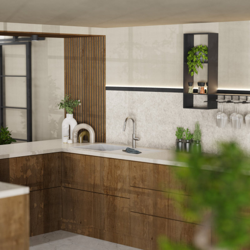 Rana Prep, Kitchen faucet with low curved spout and pull-down spray in brushed nickel