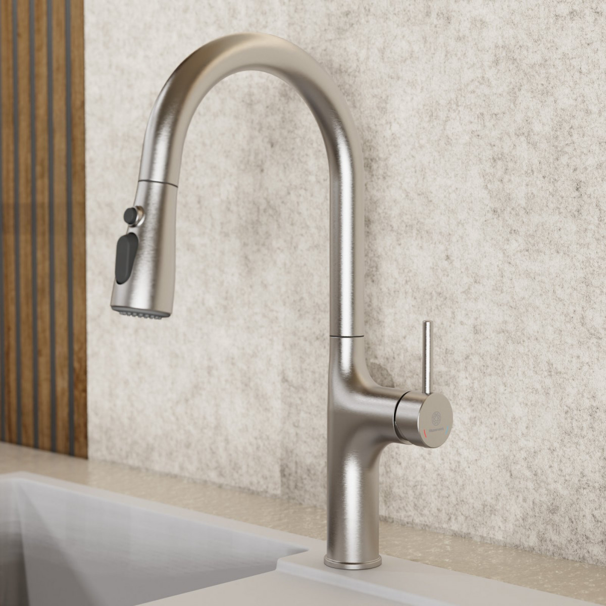 Maia, Kitchen faucet with arched spout and pull-down spray in brushed nickel