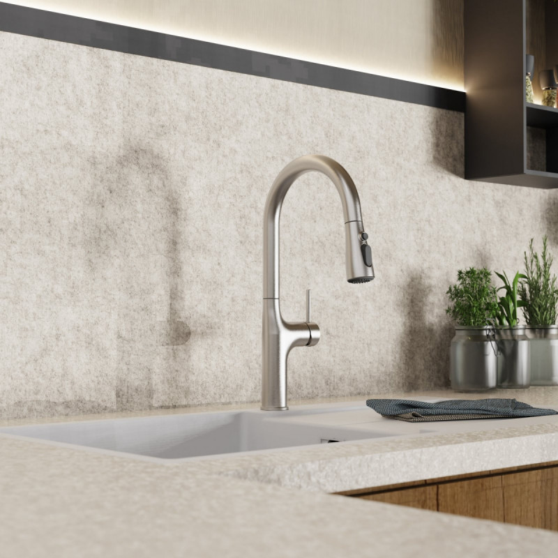 Maia, Kitchen faucet with arched spout and pull-down spray in brushed nickel