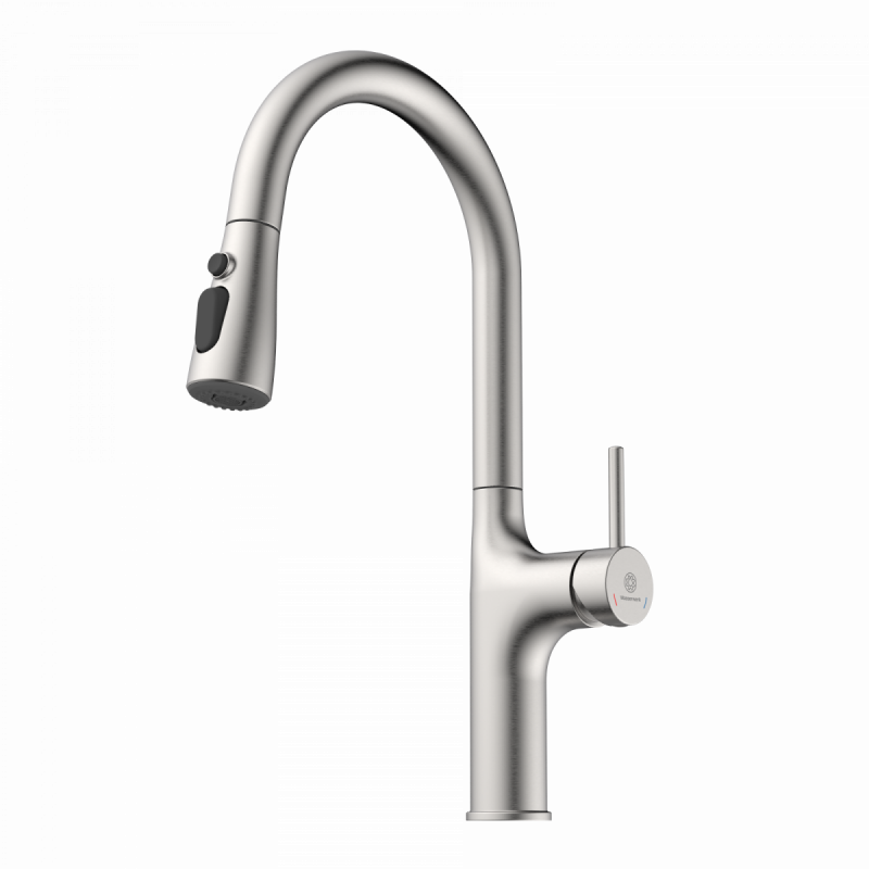 Maia, Kitchen faucet with arched spout and pull-down spray in brushed nickel