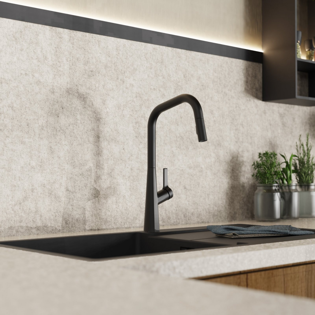 Keid Edge, Kitchen faucet with edged spout and pull-down spray in matte black