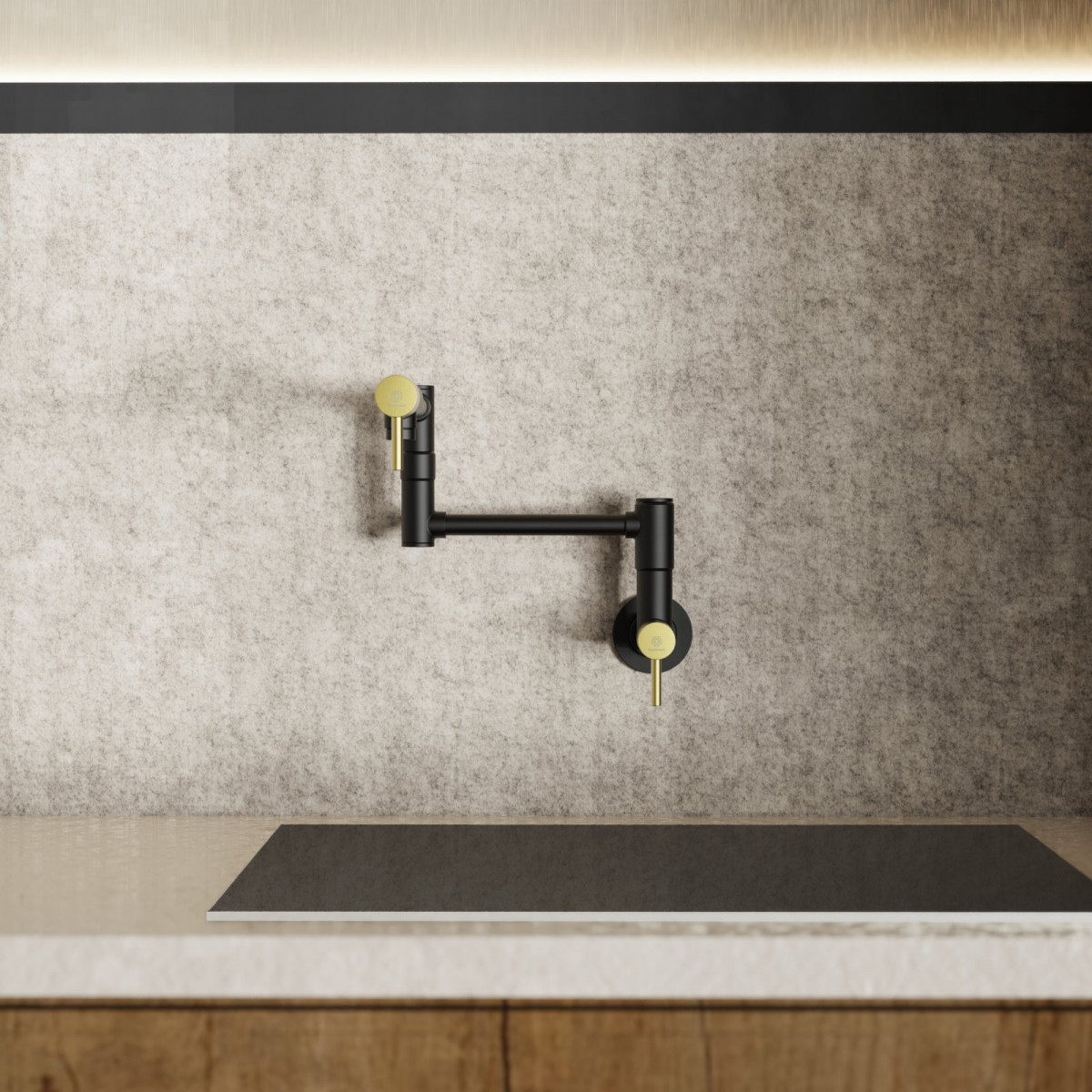 Pot Filler, wall-mounted articulated mixer tap in matte black and brushed gold